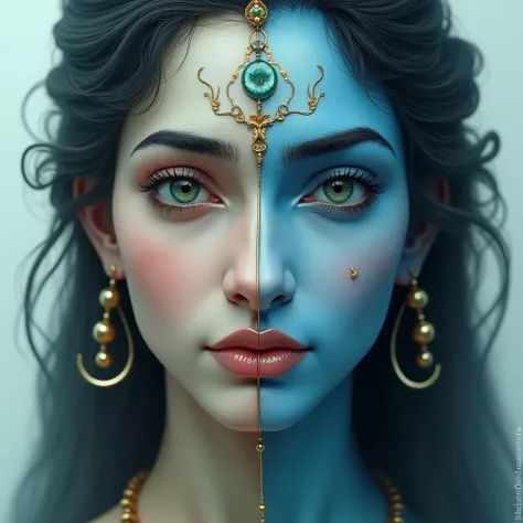 vertically split face image of shiv and parvati, Ardhanarishvara, shiva with blue masculine face on right side, and parvati with feminine face with slightly green face on the left, with a serene expression