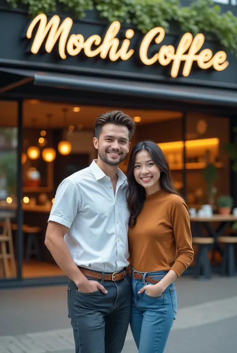 Take me a realistic and nice photo of a beautiful young couple thai man and young woman happy face looking to the viewer ,standing in front of a big cafeteria from the outside where the name Mochi Coffee can be seen.  