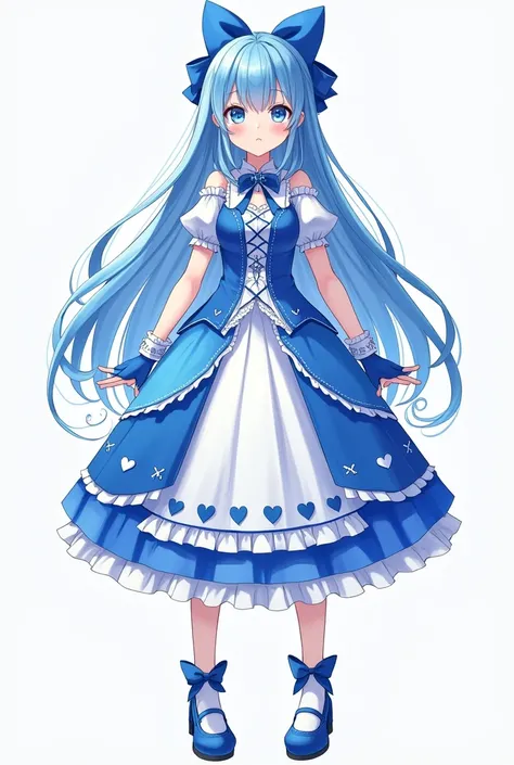 Long straight blue hair, Blue and white multi-layered outfit, Heart and bow detail, Matching blue bow hair accessory, Blue gloves, Coordinating blue and white shoes with bow accents, Standing pose, Look straight ahead, Animation Character Style, A vibrant ...