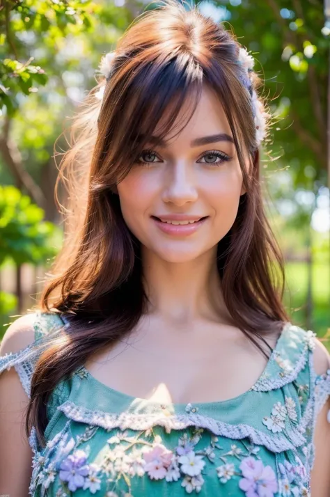 A happy Argentinian woman with a warm smile, beautiful detailed eyes, beautiful detailed lips, extremely detailed eyes and face, long eyelashes, smiling happily, floral dress, in a beautiful garden, lush violet foliage, sunlight filtering through the trees...