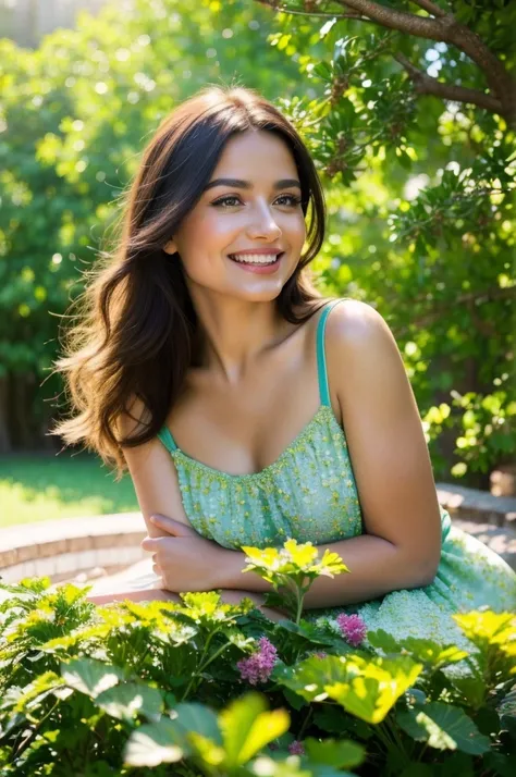 A happy Argentinian woman with a warm smile, beautiful detailed eyes, beautiful detailed lips, extremely detailed eyes and face, long eyelashes, smiling happily, floral dress, in a beautiful garden, lush yellow foliage, sunlight filtering through the trees...