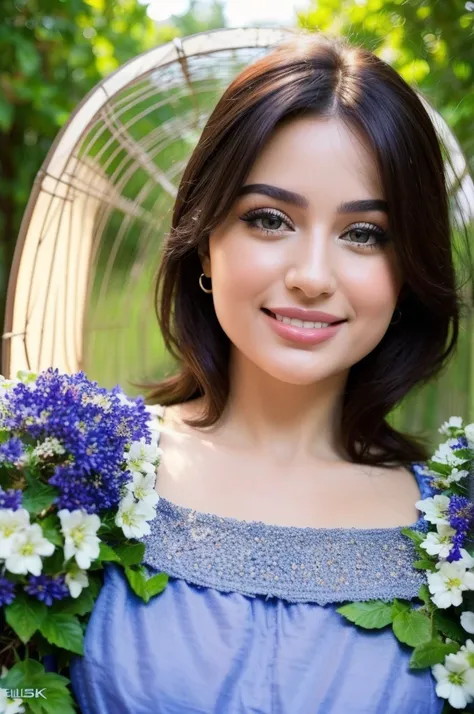 A happy Armenian woman with a warm smile, beautiful detailed eyes, beautiful detailed lips, extremely detailed eyes and face, long eyelashes, smiling happily, floral dress, in a beautiful garden, lush violet foliage, sunlight filtering through the trees, v...