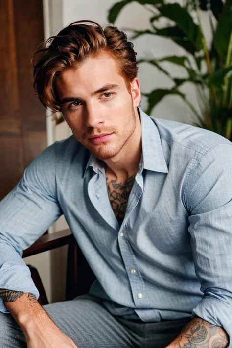 Best Quality,4k,8k,High resolution,masterpiece:1.2),ultra detailed man 2,handsome young man, brown perfect face,, Sweet ,perfect lighting taken 2021 man with tattoo on neck deep navy blue button down shirt sitting in chair masculine man white skinned man s...