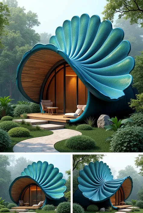 A small retreat roof inspired by peacock tails and look like peacock (roof) (front view, side view, top view)