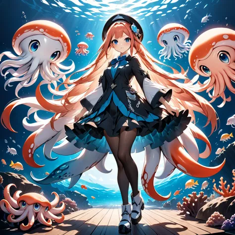 Squid and squid character　deep sea　front　whole body　Real