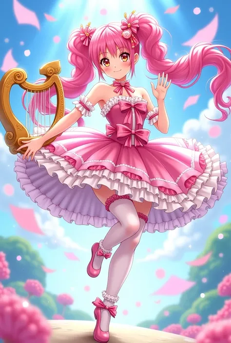 This anime character、She is wearing a bright pink and white dress adorned with lots of ribbons and frills.。, It has a whimsical and fantastical appearance. She has long pink hair in curly, high pigtails.。, Secure with pink and gold accessories. Her outfit ...