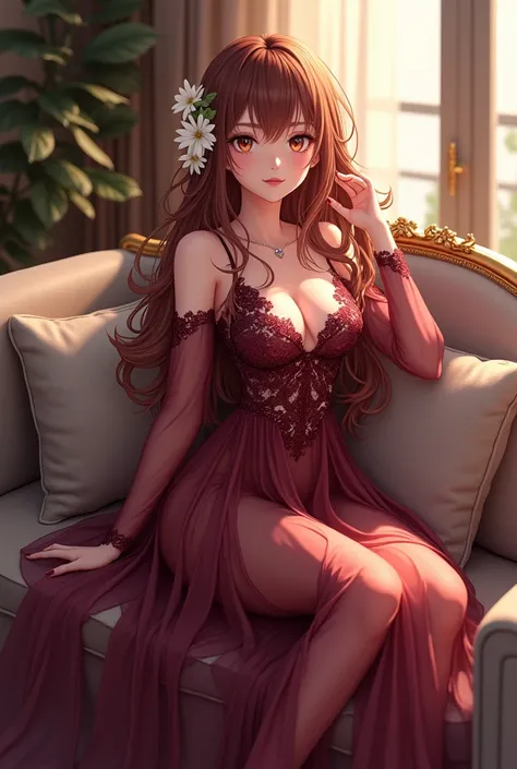 A very beautiful anime style girl super ultra HD 8k high quality resolution Design a luxurious and enchanting scene featuring a beautiful woman seated gracefully on a modern sofa in a sophisticated living room. The woman has long, wavy chestnut hair adorne...