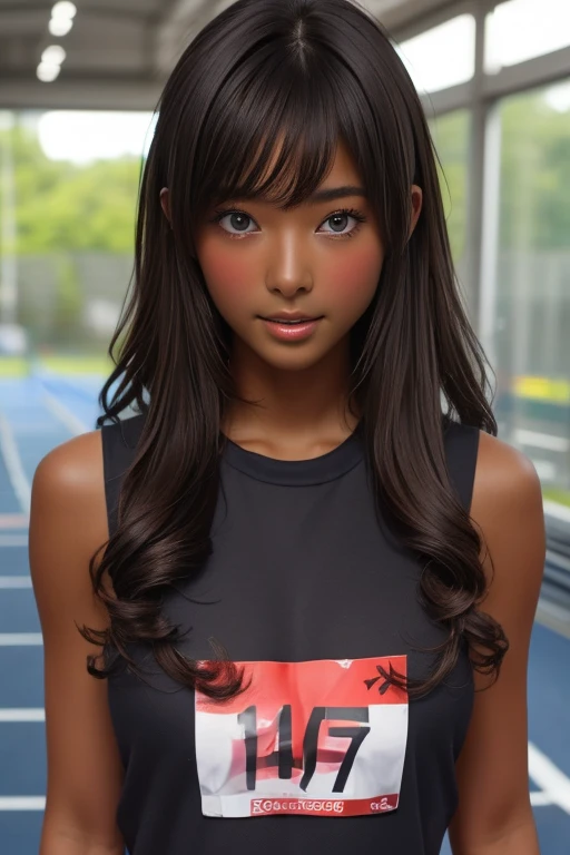 (((( one girl )))), Beautiful breasts、 Brown eyes, ((Gal Hairstyles)) blonde, girl, (Eye and facial details:1.0), break, (masterpiece, Highest quality, Very detailed, Detailed face, 8k),( dark skin:1.85 ), (((( track and field uniform )))),( open mouth )