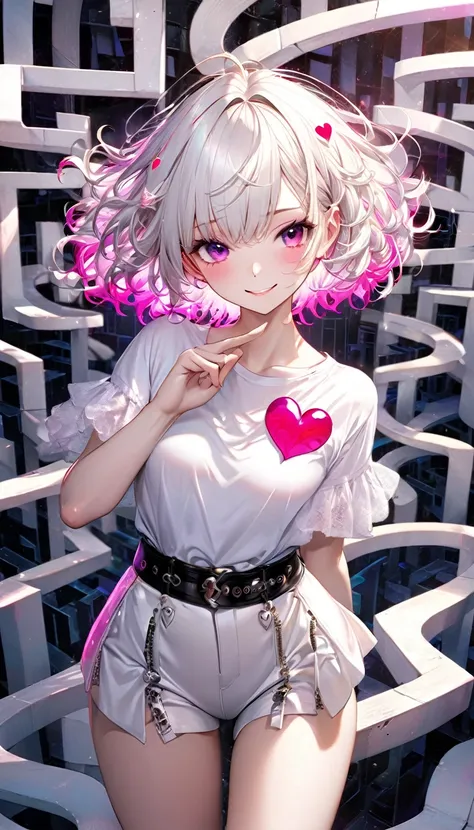 cute teen, striking eyes, glossy silky ivory messy wavy short hair, amorous and lewd expression, make up, fingers in pistol shape, pink heart mark on fingertips, saying "bang", mischievous smile, delicate and dynamic textures, contrasts of light and shadow...