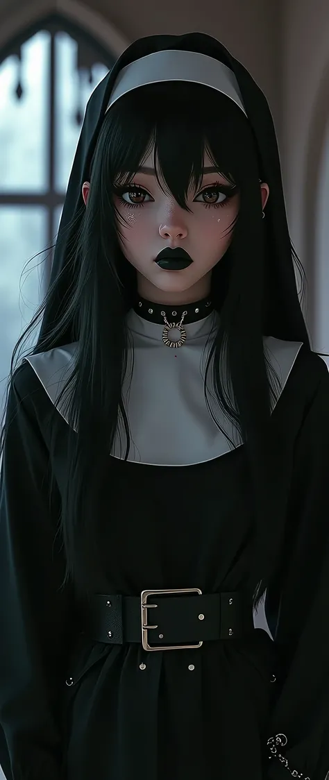 80s anime  pun rocker nun goth teen female with nose pricings edgy nun dress , wild hairstyle black smudged makeup eye liner and platform boots ,beautiful detailed eyes,beautiful detailed lips,extremely detailed face and skin,long dark hair,pale skin,black...