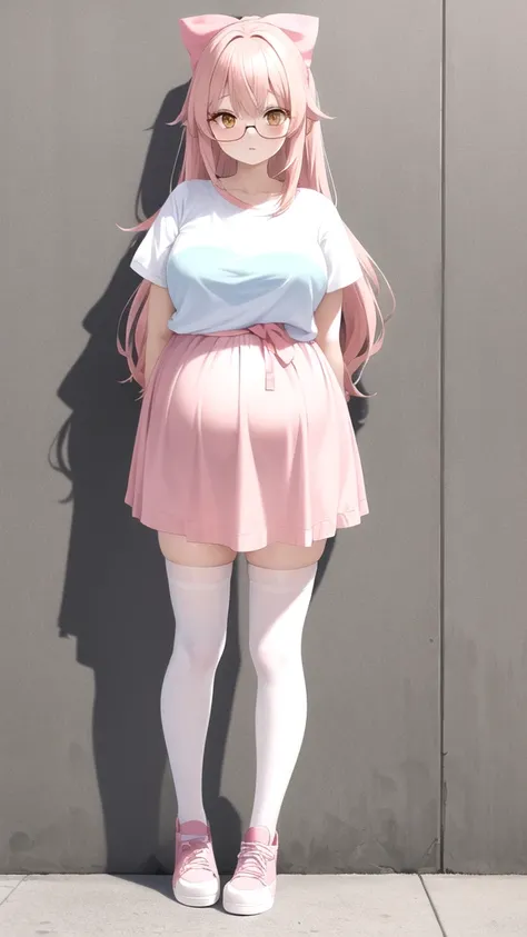 Full body girl with pink colored long hair, orange eyes and big breasts, She is wearing a light blue t-shirt, a light pink skirt, glasses, a hair bow, white colored thighhighs and white shoes. (Detailed clothes, pregnant)