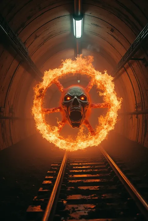 A terrifying Wanyūdō, a burning wheel with a tormented human face at its center, rolling through the dark, empty tunnels of an abandoned subway. The face screams in agony, its eyes glowing with fiery intensity. Flames crackle and sputter as the wheel spins...