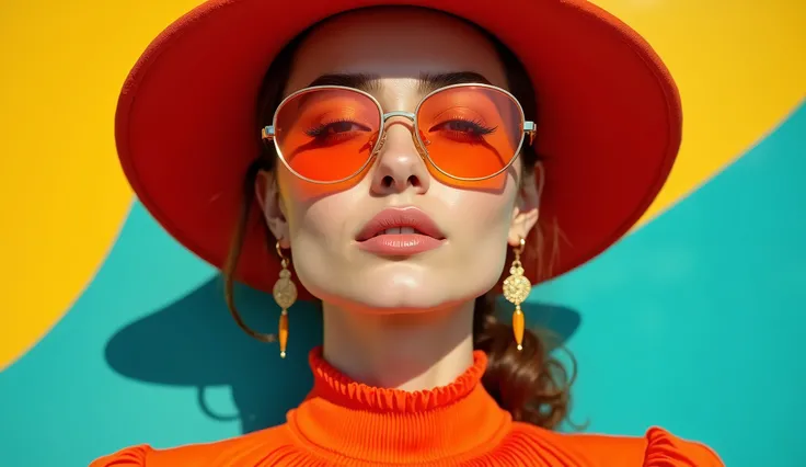 A close-up portrait of a young woman with light, smooth skin and a slender neck, wearing a vibrant, pleated orange blouse with a high collar that wraps around her neck. She has full, slightly parted lips with a natural pinkish tint. Her eyes are partially ...