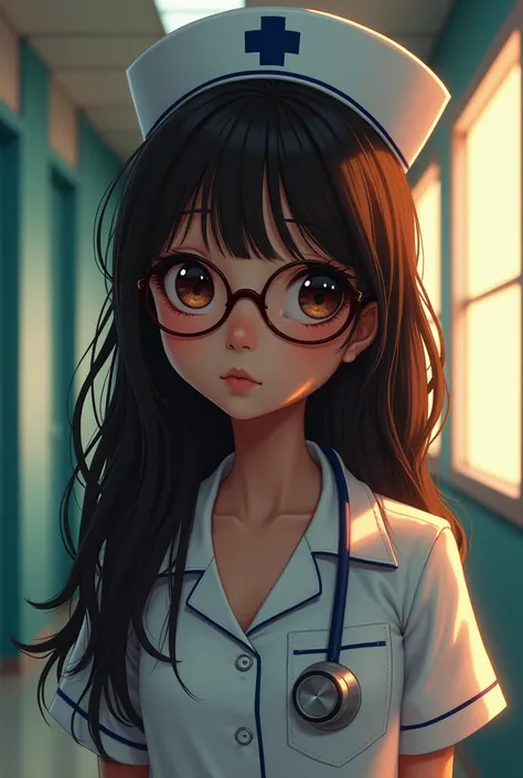 create a dark-skinned girl, Long hair, dark and wavy, with medium brown bangs, large eyes, with glasses, half round face and dressed as a nurse