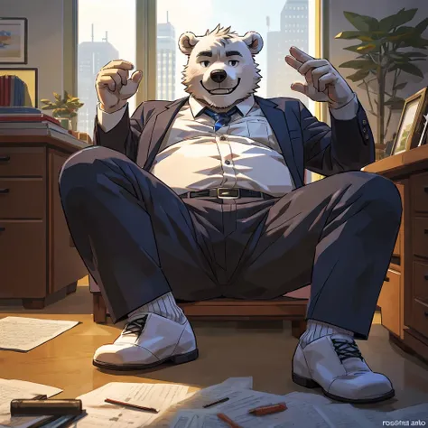 chubby, polar bear, no eyebrows, white socks , office suit , five toed , spread legs , highly detailed, realistic, 4k, best quality, masterpiece, physically-based rendering, by artdecade, by rossciaco, wicked grin