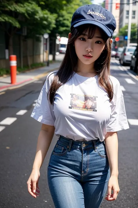 best quality, 8k, very delicate and beautiful, highly detailed face and skin texture, shiny skin, high resolution, huge tits cute japanese girl in t-shirt and thigh denim pants and wearing a cap walking on street, sharp focus