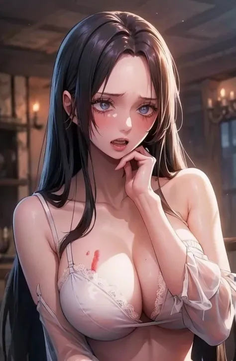 (best quality), (masterpiece), (highly detailed), (8K resolution), (1girl), (zombie-like Boa Hancock), (pale, lifeless skin with a faint pinkish hue), (cracked and weathered skin with slight blood stains), (long, flowing black hair with a disheveled appear...