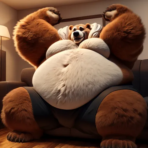 fat huge 500 pounds daddy furry cinnamonroll beast grizzly bear big belly, and large chunky body and wearing black shorts, sitti...