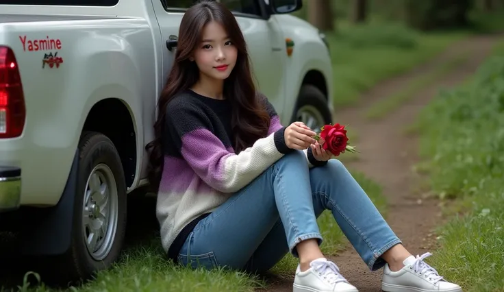 realistic photo, A beautiful Indonesian girl with realistic long flowing hair, weight 60 kg, wearing a purple, white, black gradient sweater jacket, long jeans, sneakers, sitting next to a pick up truck, rose gold encrusted with intricate fancy diamonds, o...