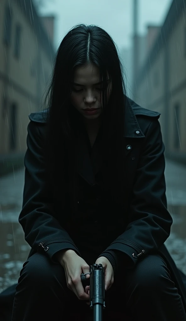 women, sitting, with head down looking forward, rainy and dark day, with a colt 1911 pistol in his hand, Tez blanca, black trench coat, dressed in black, Long straight black hair