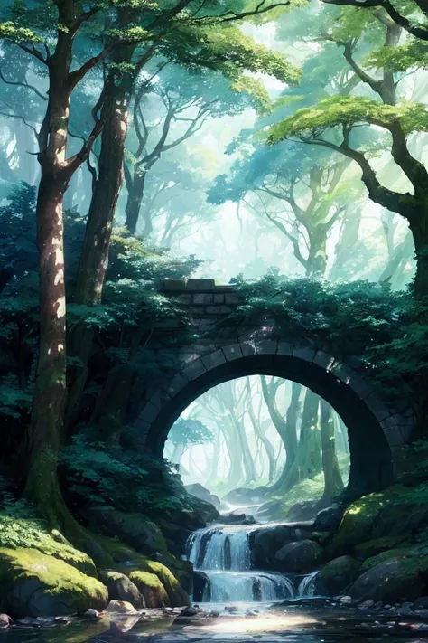 imagine prompt: Viral anime nature wallpaper in 4K quality, in the style of digital illustration inspired by Hayao Miyazaki, featuring a serene forest with towering ancient trees, dappled sunlight filtering through the leaves, a gentle stream flowing throu...