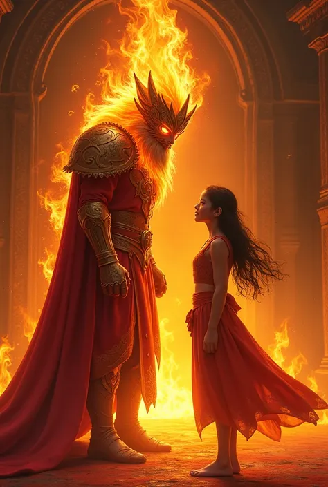 **Face to Face with the Fire Lord**: A young girl named Zephyrine stands face to face with the King of the Fire Kingdom, a ruler with the power to control raging flames, looking fearsome and fiery.