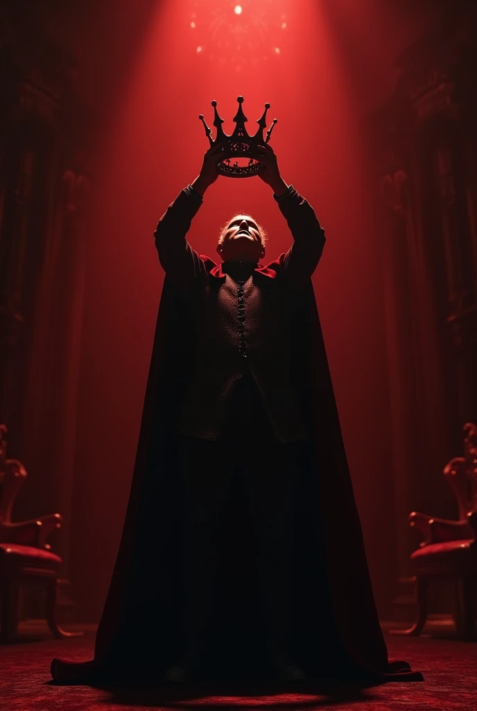 Macbeth picks up with a crown in his hands. He is in a dark and reddish-toned room. His face shines with victory 