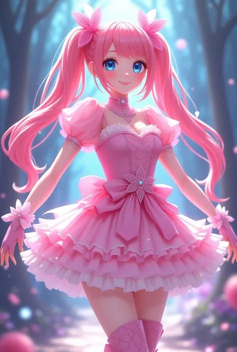 Wearing pink clothes、Anime girl with pink hair and pink boots, style of Magical girl, !!Full body portrait!!, My Dress Up Darling Anime, Full Body Commission, Possibility of whole body use, Pink pigtails and cyan eyes, , sparkling Magical girl, Magical gir...