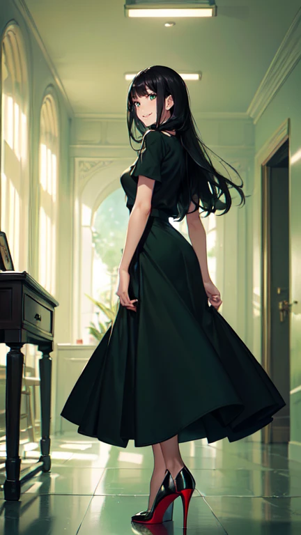 ((masterpiece, high resolution, better quality, better details)), ((Smiling)), ((one girl)) a girl standing, full body, maxi green skirt, blouse,((louboutin high heels)), green eyes , ((black hair, long hair)), shiny skin, ((behind view)), solo, from behin...