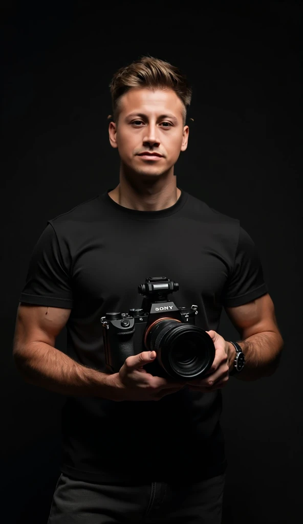 Create an men avatar with 3, as a filmmaker holding a Sony FX-30 camera in his left hand, posed confidently for a photo shoot in a studio with a deep black background. short hair, no too muscular body, The filmmaker is dressed in a casual outfit, black T-s...