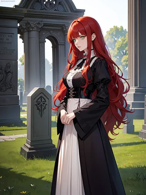 green eyes, red hair with long bangs, noble. wavy long hair. strong woman. she quiet. dominant woman. hair so long have bangs. red hair. adult women. wear gothic outfit black purple. background in cemetery. her expression is sleepy