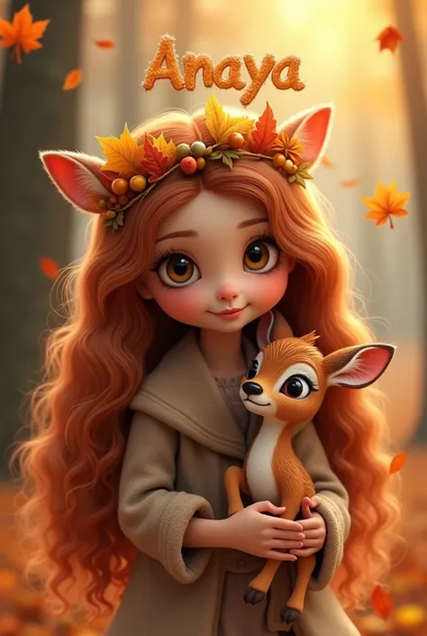 A fantasy-themed photo of a  girl with large, warm hazel eyes and gentle, sweet features. She has long, wavy auburn hair adorned with a crown of autumn leaves and tiny acorns. Her skin is lightly tanned with a natural blush on her cheeks. She is holding a ...