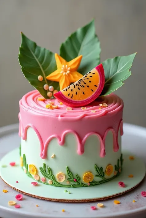 Cale with pink and green icing and pandal leaves and cut dragon fruit on the top