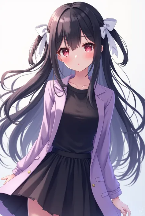 A very, very, very beautiful anime girl with long black hair, reddish eyes, beautiful, wear pastel purple jacket, black t shirt, black knee length skirt, wear a white ribbon behind her hair. 