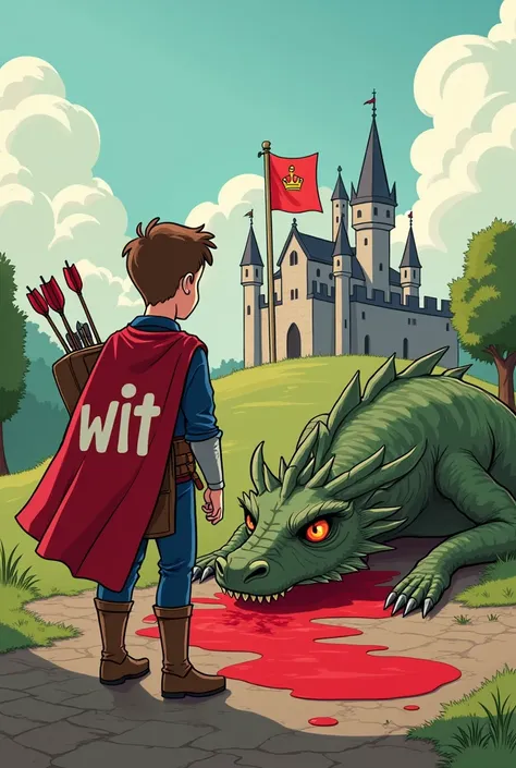 Funny satirical cartoon. 
About a young prince drawn from his back. 
On his back is a quiver with "wit" written on it. 
The word "wit" is clearly visible. On the ground in front of the prince lies a mythical dragon in his blood. 
The dragon bleeds profusel...