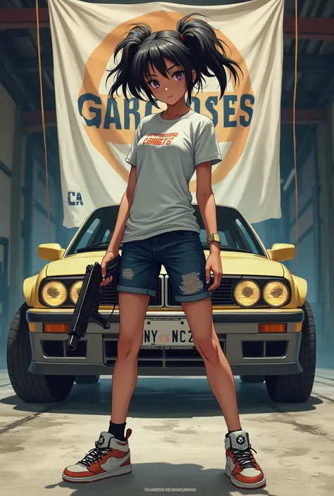 Girl with bmw tshirt,in background a flag with angarage text,gun in the hand,jordan shoes,anime,manga