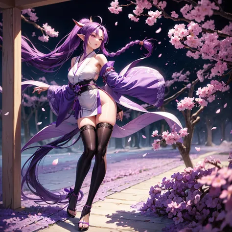 woman, 17 years, bright skin, long purple hair braided into one ponytail, purple eyes, white yukata with open legs and sakura petals, slim, nice legs, black belt, black gloves, purple sakura flowers, purple long cloak, detailing,  perfect, red and black br...