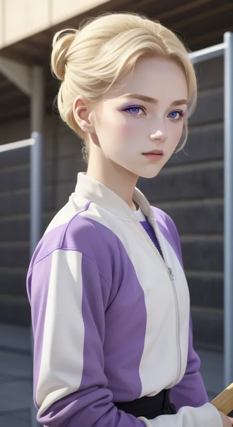 a young woman, blonde hair, (chignon), pale skin, slant eyes, (purple color eyes), fencing uniform,