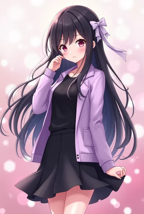 A very, very, very beautiful anime girl with long black hair, reddish eyes, beautiful, wear pastel purple jacket, black t shirt, black knee length skirt, wear a one white ribbon behind her hair. 