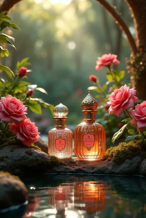 Beautiful Arabian bottles of perfume, captured in a beautiful garden Oasis, vibrant colors, lots of flowers around, some pools of water hidden, a logo of "oud and roses" at the very top