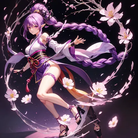 woman, 17 years, bright skin, long purple hair braided into one ponytail, purple eyes, white yukata with open legs and sakura petals, slim, nice legs, black belt, black gloves, purple sakura flowers, purple long cloak, detailing,  perfect, red and black br...