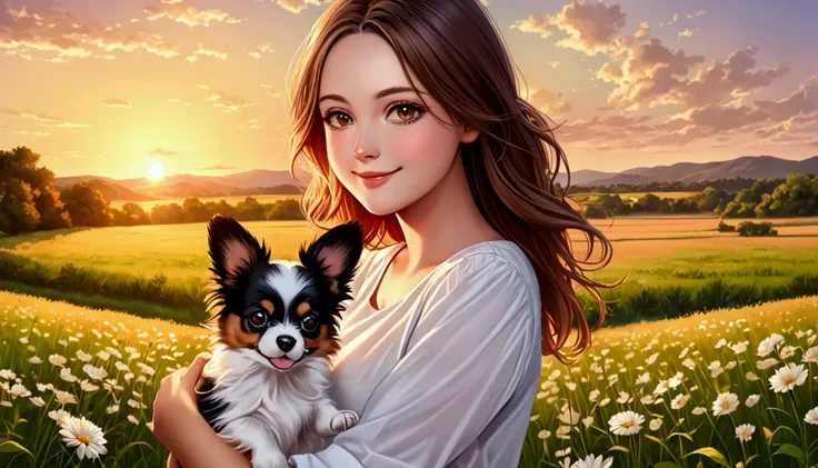 Realistic, Photography, Portrait of beautiful woman with cute papillon puppy in white shirt against sunset in field, happily smiling at camera, casual summer attire, romantic mood, beautiful natural landscape background, high quality