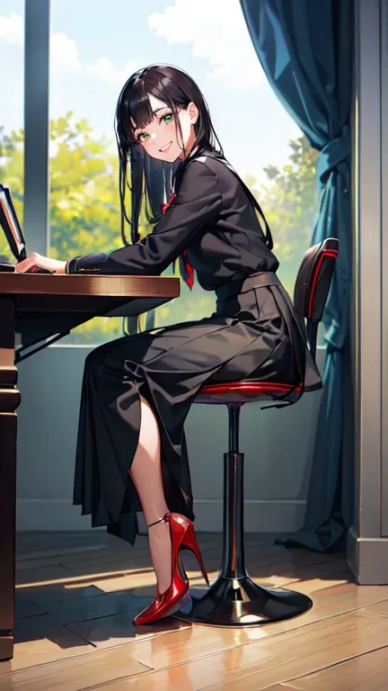 ((masterpiece, high resolution, better quality, better details)), ((Smiling)), ((one girl)) a girl sitting in the office, full body, maxi skirt,((louboutin high heels)), green eyes , ((black hair, long hair)), shiny skin, ((behind view)), solo, from behind...