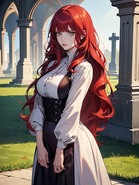 green eyes, red hair with long bangs, noble. wavy long hair. strong woman. she quiet. dominant woman. hair so long have bangs. red hair. adult women. wear purple gothic outfit. background in cemetery. her expression is sleepy. she is hitman