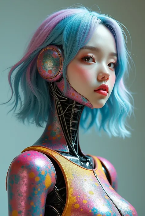 Robot human women portrait art matte color colourful textures colourful robot body texture korean face blue and pink hair right angle face
