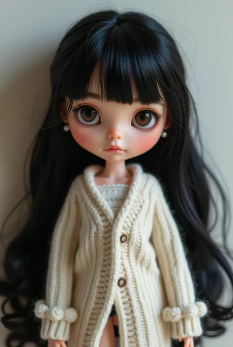 Blythe doll with dark brown doe eyes, soft face features, long black layered hair, wearing a cardigan, pearl earings, light makeup