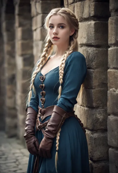 Cinematic film still, high quality, top quality, high resolution, high detail, adult beauty, flirting with viewer, blonde hair, medieval dungeon, buckles, straps, very long single braid, gloves, blonde hair, contra post, full body, shallow depth of field, ...