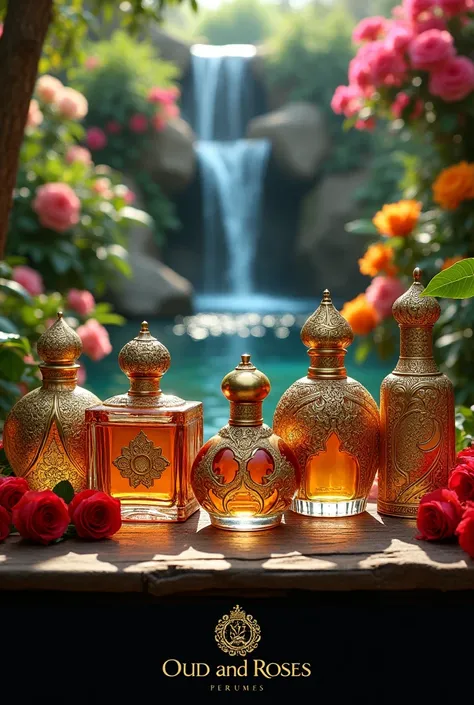 A lot of Beautiful Arabian bottles of perfume in various shapes and sizes, captured in a beautiful garden Oasis, vibrant colors, lots of different flowers around, a waterfall , a logo of "oud and roses" at the bottom