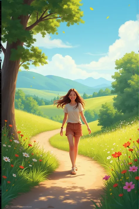 Beautiful nature with a girl walking happily in a road
