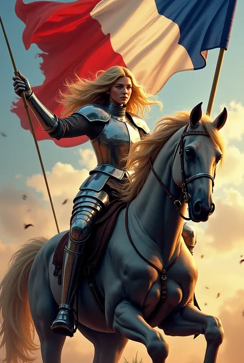 Blonde Joan of Arc in knight&#39;s armor waving a French flag on a horse in comic book style